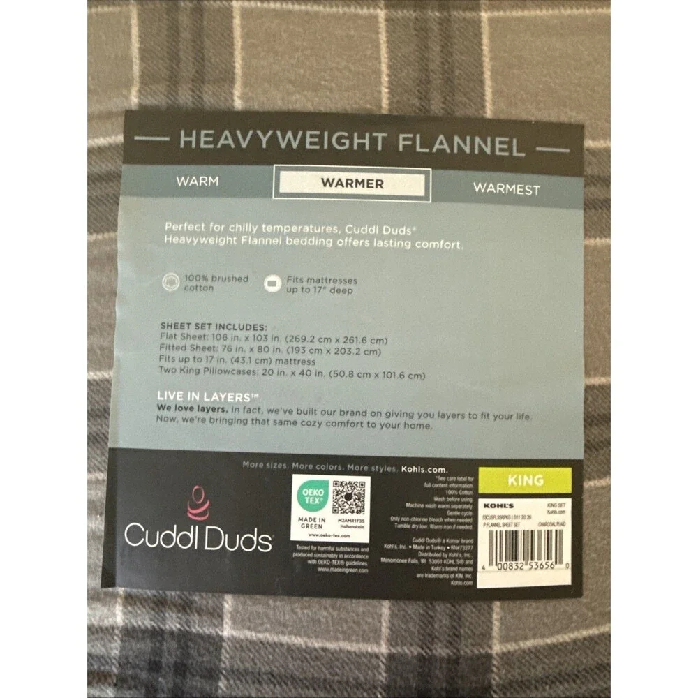 NEW Cuddl Duds KING 4Pc Sheet Set - Flannel Charcoal Plaid